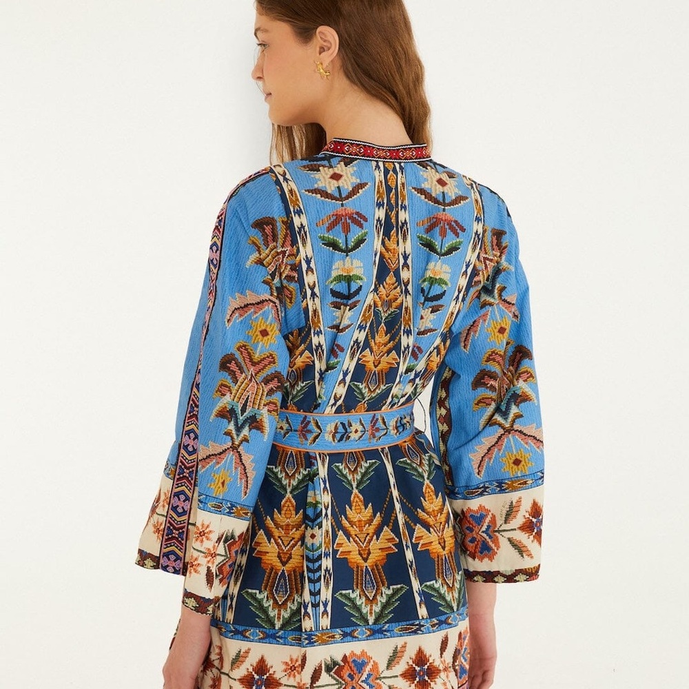 Farm Rio Embroidered Tapestry Organic Cotton Blue Boho Mini Dress with Belt - Picture 5 of 10